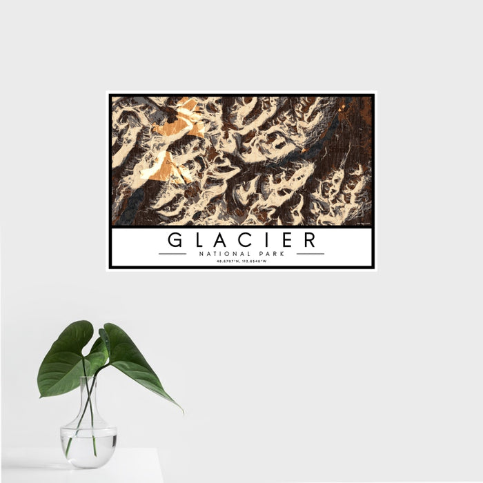 16x24 Glacier National Park Map Print Landscape Orientation in Ember Style With Tropical Plant Leaves in Water