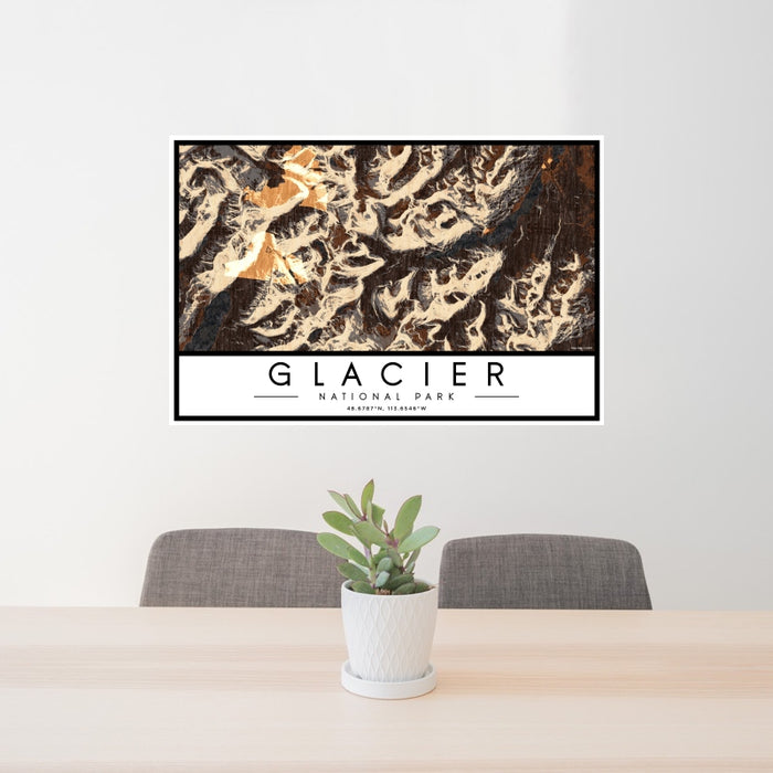 24x36 Glacier National Park Map Print Landscape Orientation in Ember Style Behind 2 Chairs Table and Potted Plant