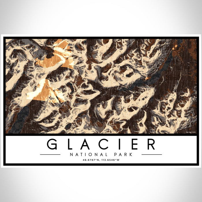 Glacier National Park Map Print Landscape Orientation in Ember Style With Shaded Background