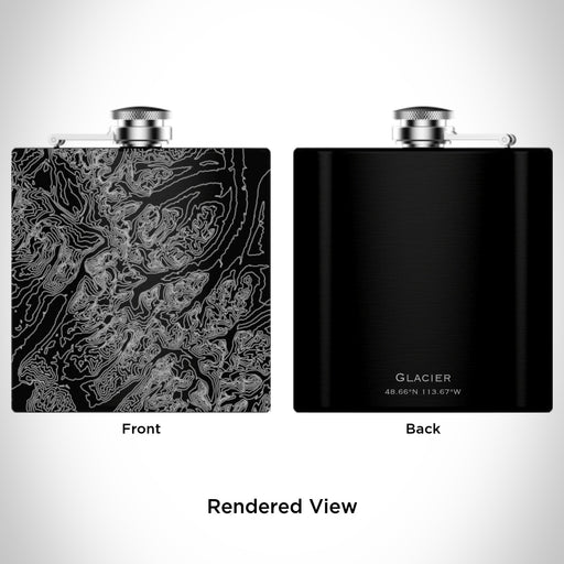 Rendered View of Glacier National Park Map Engraving on 6oz Stainless Steel Flask in Black