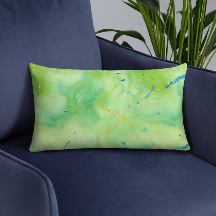 Custom Glacier National Park Map Throw Pillow in Watercolor on Blue Colored Chair