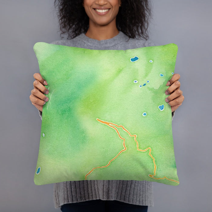 Person holding 18x18 Custom Glacier National Park Map Throw Pillow in Watercolor
