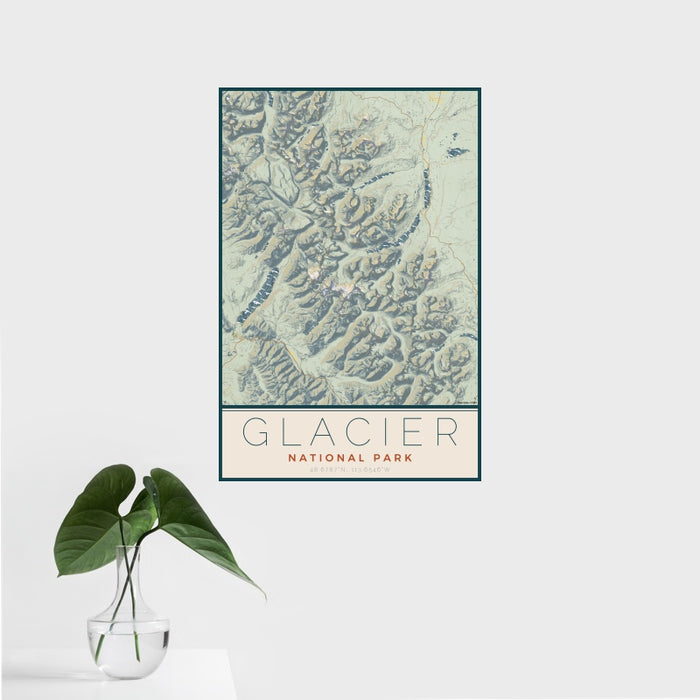 16x24 Glacier National Park Map Print Portrait Orientation in Woodblock Style With Tropical Plant Leaves in Water
