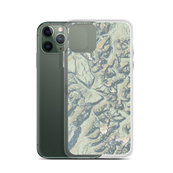 Custom Glacier National Park Map Phone Case in Woodblock on Table with Laptop and Plant