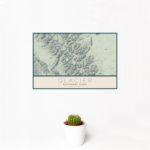 12x18 Glacier National Park Map Print Landscape Orientation in Woodblock Style With Small Cactus Plant in White Planter