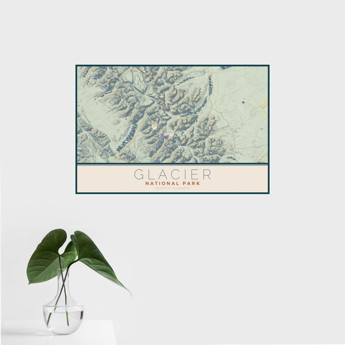 16x24 Glacier National Park Map Print Landscape Orientation in Woodblock Style With Tropical Plant Leaves in Water