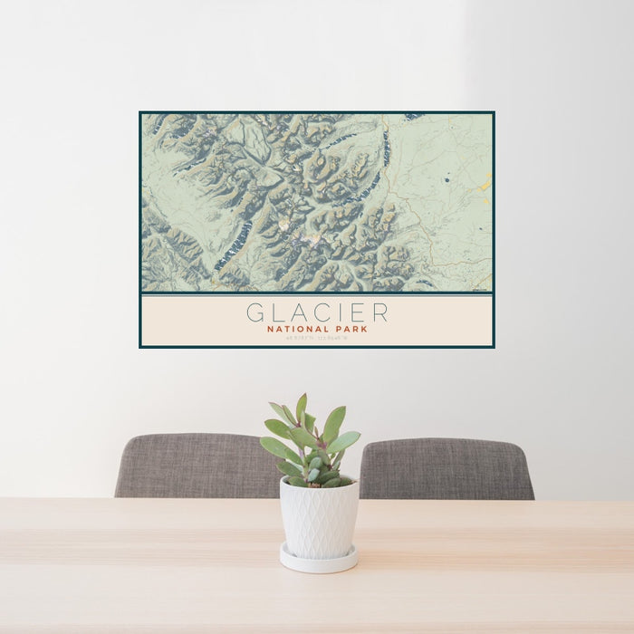 24x36 Glacier National Park Map Print Landscape Orientation in Woodblock Style Behind 2 Chairs Table and Potted Plant
