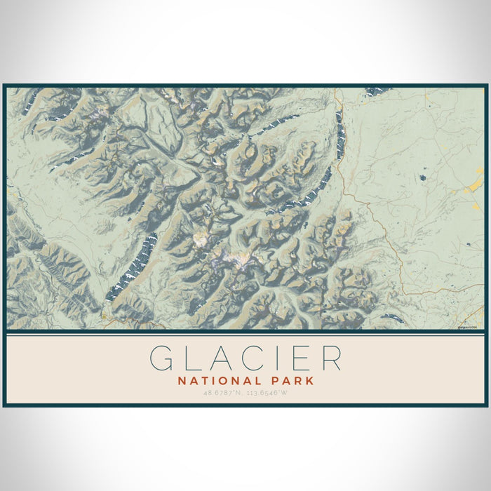 Glacier National Park Map Print Landscape Orientation in Woodblock Style With Shaded Background