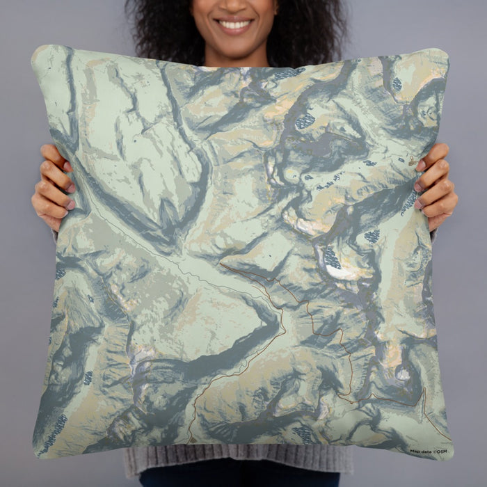 Person holding 22x22 Custom Glacier National Park Map Throw Pillow in Woodblock