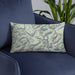 Custom Glacier National Park Map Throw Pillow in Woodblock on Blue Colored Chair