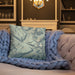 Custom Glacier National Park Map Throw Pillow in Woodblock on Cream Colored Couch