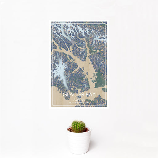 12x18 Glacier Bay Alaska Map Print Portrait Orientation in Afternoon Style With Small Cactus Plant in White Planter