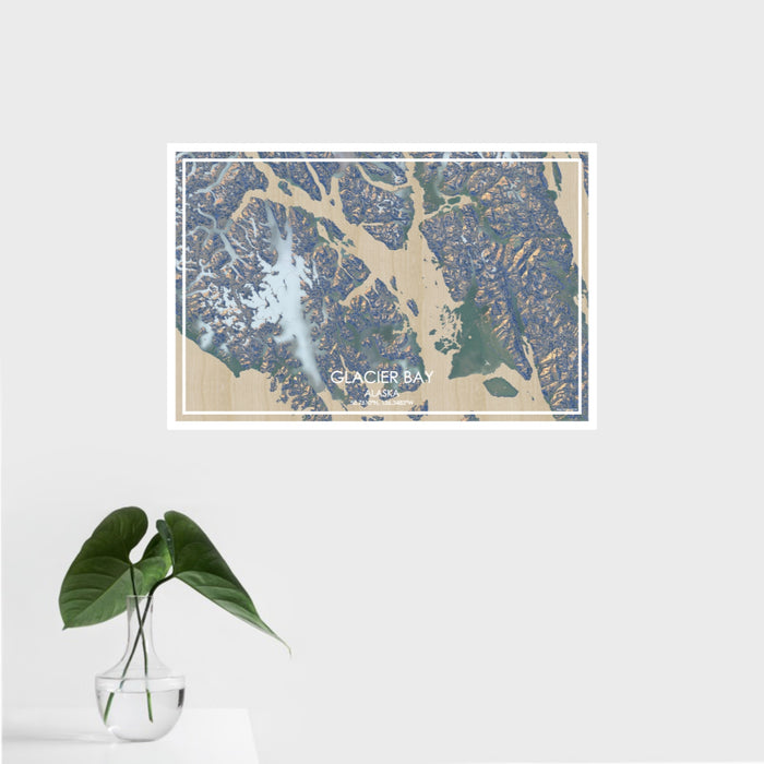 16x24 Glacier Bay Alaska Map Print Landscape Orientation in Afternoon Style With Tropical Plant Leaves in Water