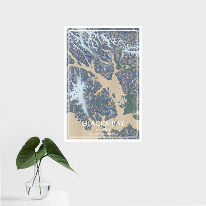 16x24 Glacier Bay Alaska Map Print Portrait Orientation in Afternoon Style With Tropical Plant Leaves in Water