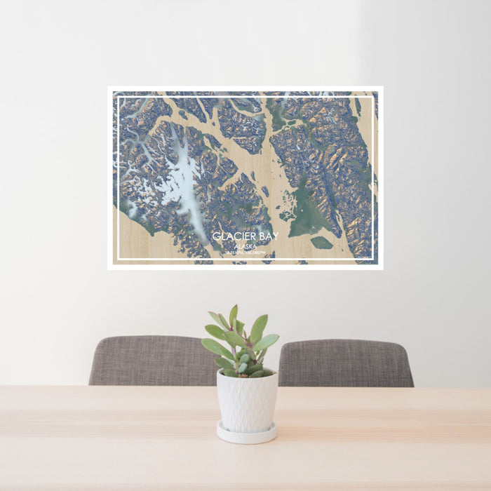 24x36 Glacier Bay Alaska Map Print Lanscape Orientation in Afternoon Style Behind 2 Chairs Table and Potted Plant