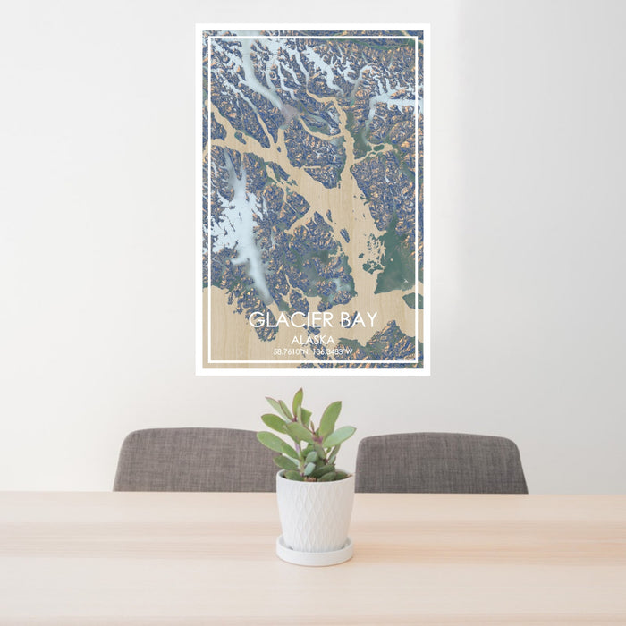 24x36 Glacier Bay Alaska Map Print Portrait Orientation in Afternoon Style Behind 2 Chairs Table and Potted Plant