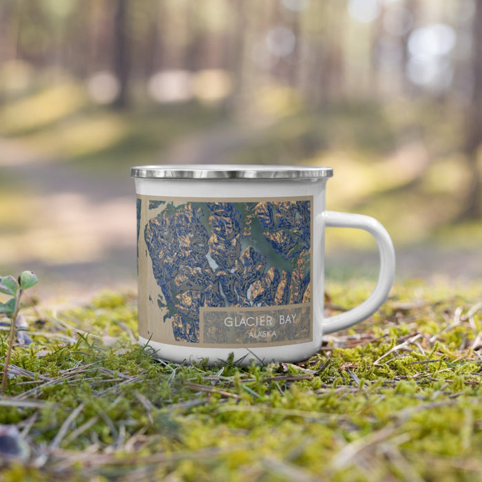 Right View Custom Glacier Bay Alaska Map Enamel Mug in Afternoon on Grass With Trees in Background