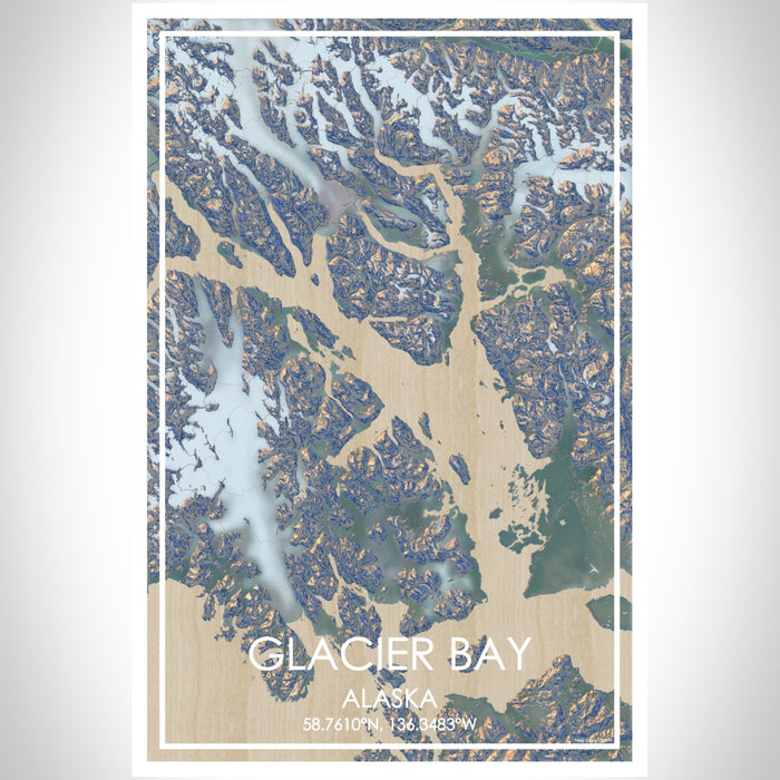 Glacier Bay Alaska Map Print Portrait Orientation in Afternoon Style With Shaded Background