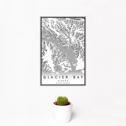 12x18 Glacier Bay Alaska Map Print Portrait Orientation in Classic Style With Small Cactus Plant in White Planter