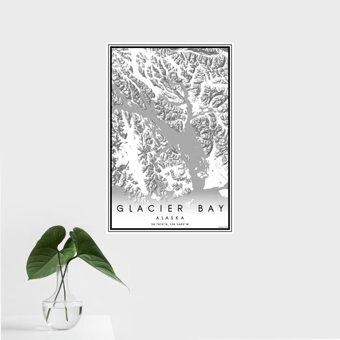 16x24 Glacier Bay Alaska Map Print Portrait Orientation in Classic Style With Tropical Plant Leaves in Water