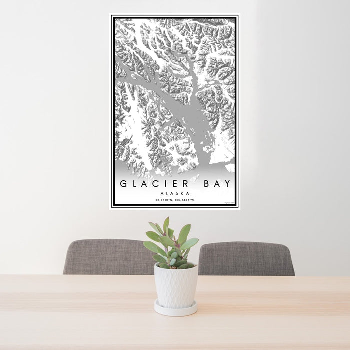 24x36 Glacier Bay Alaska Map Print Portrait Orientation in Classic Style Behind 2 Chairs Table and Potted Plant