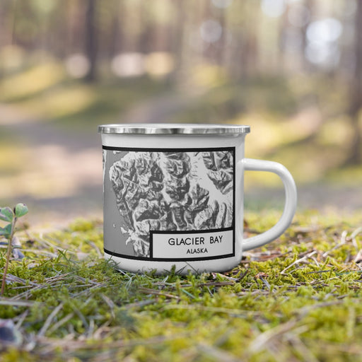Right View Custom Glacier Bay Alaska Map Enamel Mug in Classic on Grass With Trees in Background
