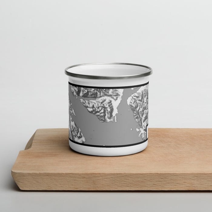 Front View Custom Glacier Bay Alaska Map Enamel Mug in Classic on Cutting Board