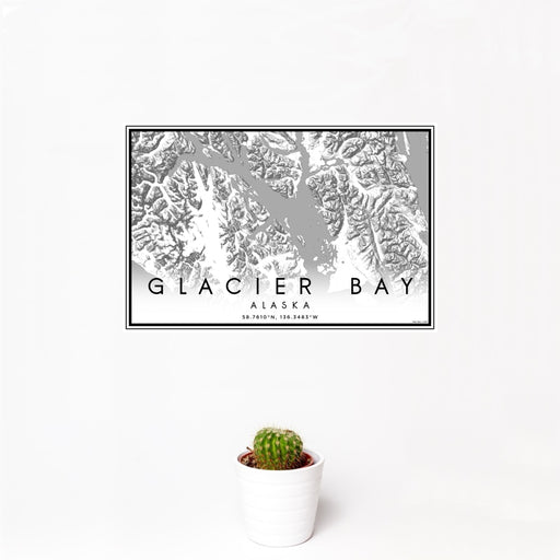 12x18 Glacier Bay Alaska Map Print Landscape Orientation in Classic Style With Small Cactus Plant in White Planter