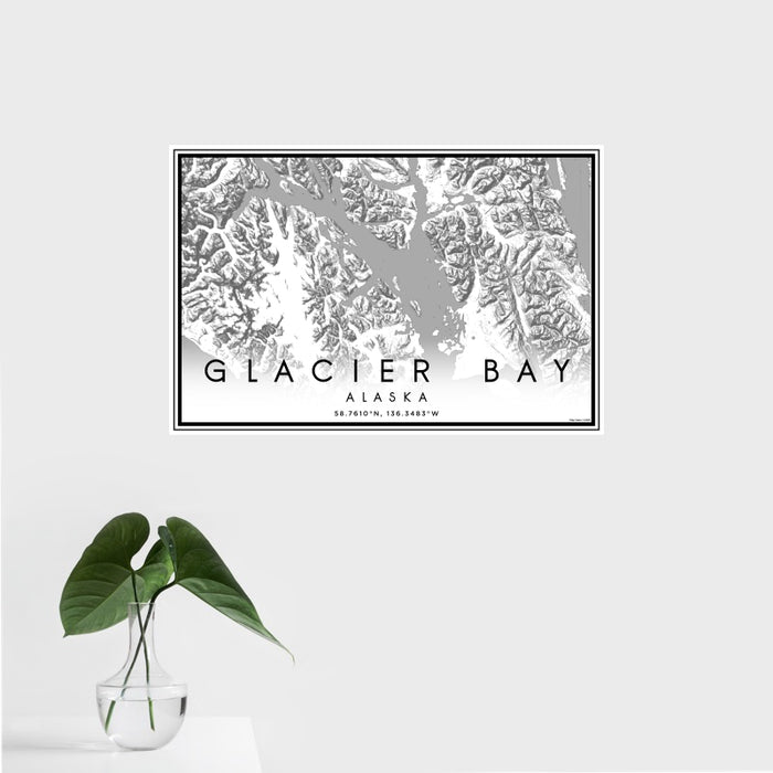 16x24 Glacier Bay Alaska Map Print Landscape Orientation in Classic Style With Tropical Plant Leaves in Water