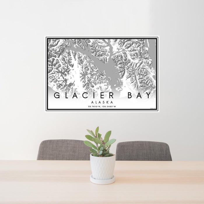 24x36 Glacier Bay Alaska Map Print Landscape Orientation in Classic Style Behind 2 Chairs Table and Potted Plant