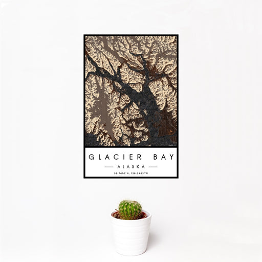 12x18 Glacier Bay Alaska Map Print Portrait Orientation in Ember Style With Small Cactus Plant in White Planter