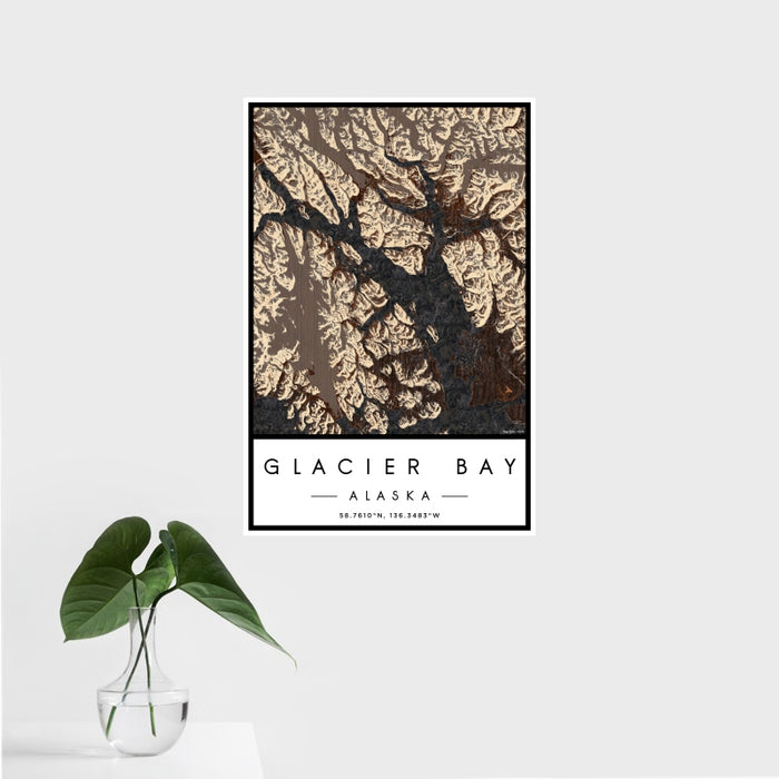 16x24 Glacier Bay Alaska Map Print Portrait Orientation in Ember Style With Tropical Plant Leaves in Water