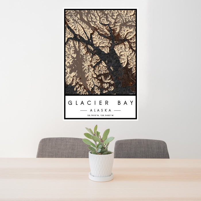 24x36 Glacier Bay Alaska Map Print Portrait Orientation in Ember Style Behind 2 Chairs Table and Potted Plant