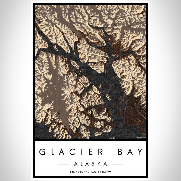 Glacier Bay Alaska Map Print Portrait Orientation in Ember Style With Shaded Background