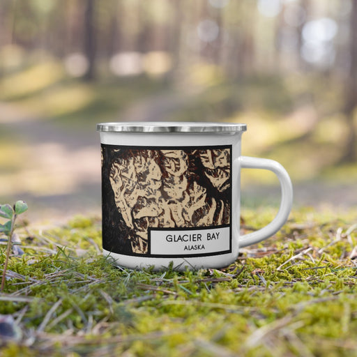 Right View Custom Glacier Bay Alaska Map Enamel Mug in Ember on Grass With Trees in Background