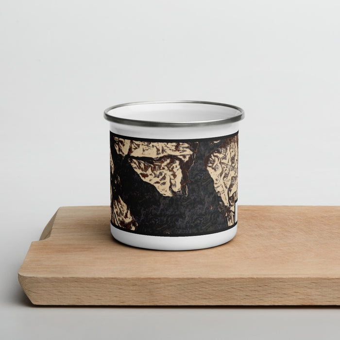 Front View Custom Glacier Bay Alaska Map Enamel Mug in Ember on Cutting Board
