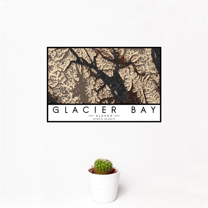 12x18 Glacier Bay Alaska Map Print Landscape Orientation in Ember Style With Small Cactus Plant in White Planter