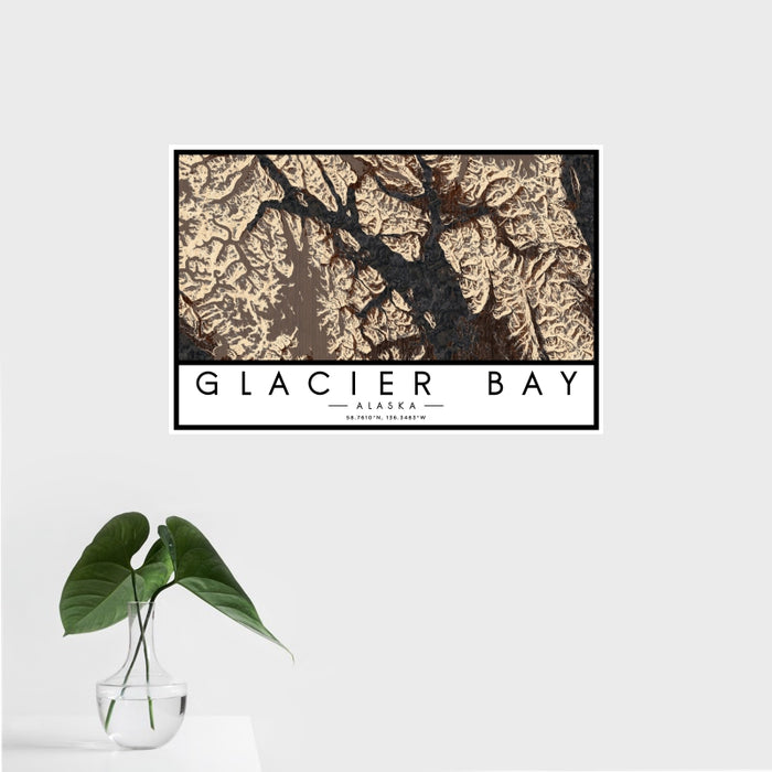 16x24 Glacier Bay Alaska Map Print Landscape Orientation in Ember Style With Tropical Plant Leaves in Water