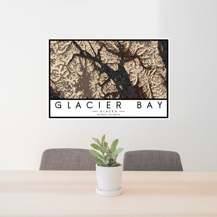 24x36 Glacier Bay Alaska Map Print Landscape Orientation in Ember Style Behind 2 Chairs Table and Potted Plant