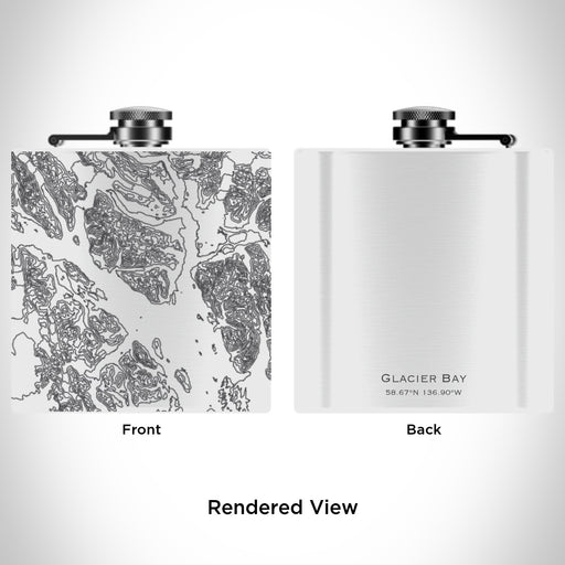 Rendered View of Glacier Bay Alaska Map Engraving on 6oz Stainless Steel Flask in White
