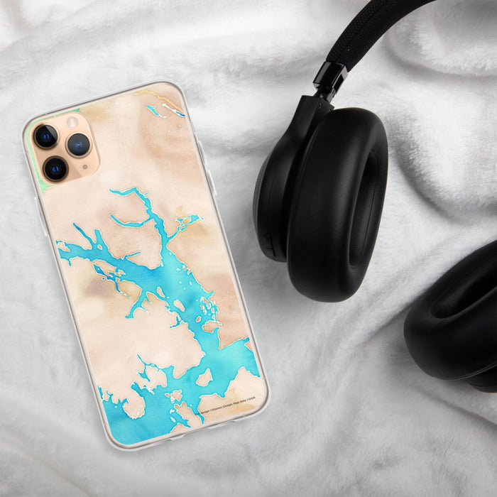 Custom Glacier Bay Alaska Map Phone Case in Watercolor on Table with Black Headphones