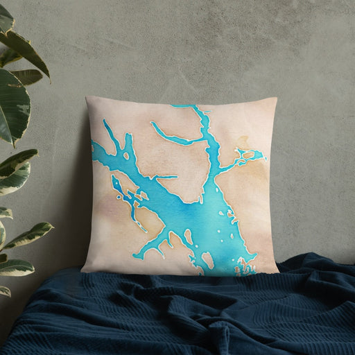 Custom Glacier Bay Alaska Map Throw Pillow in Watercolor on Bedding Against Wall