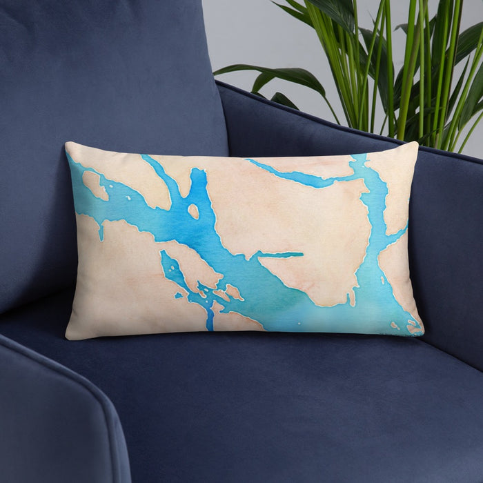 Custom Glacier Bay Alaska Map Throw Pillow in Watercolor on Blue Colored Chair