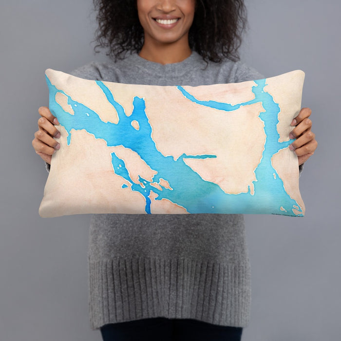 Person holding 20x12 Custom Glacier Bay Alaska Map Throw Pillow in Watercolor