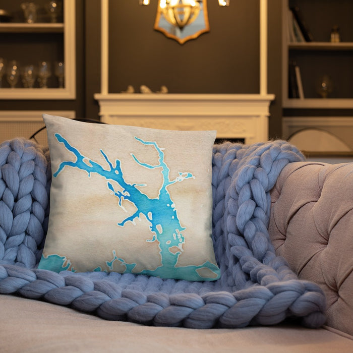 Custom Glacier Bay Alaska Map Throw Pillow in Watercolor on Cream Colored Couch