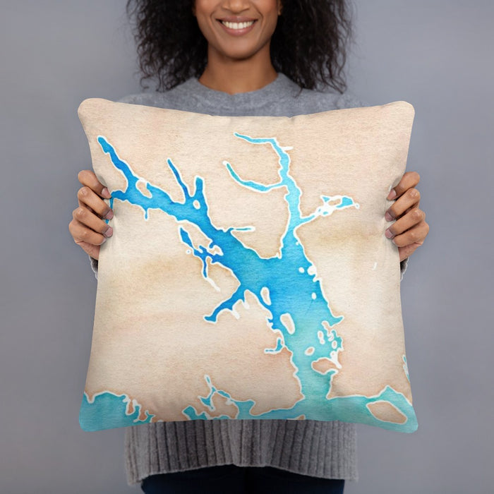 Person holding 18x18 Custom Glacier Bay Alaska Map Throw Pillow in Watercolor