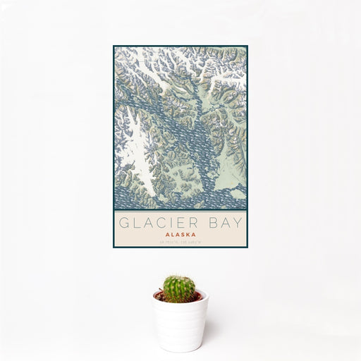 12x18 Glacier Bay Alaska Map Print Portrait Orientation in Woodblock Style With Small Cactus Plant in White Planter