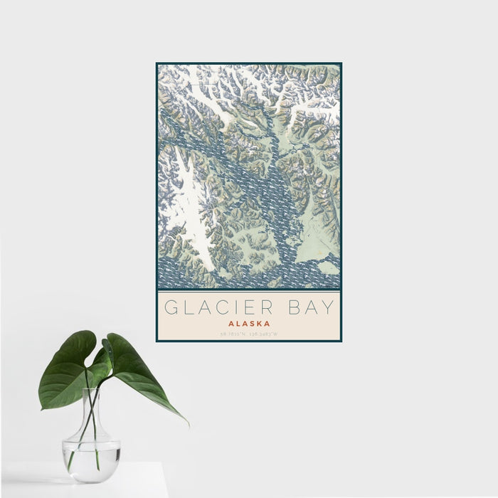 16x24 Glacier Bay Alaska Map Print Portrait Orientation in Woodblock Style With Tropical Plant Leaves in Water