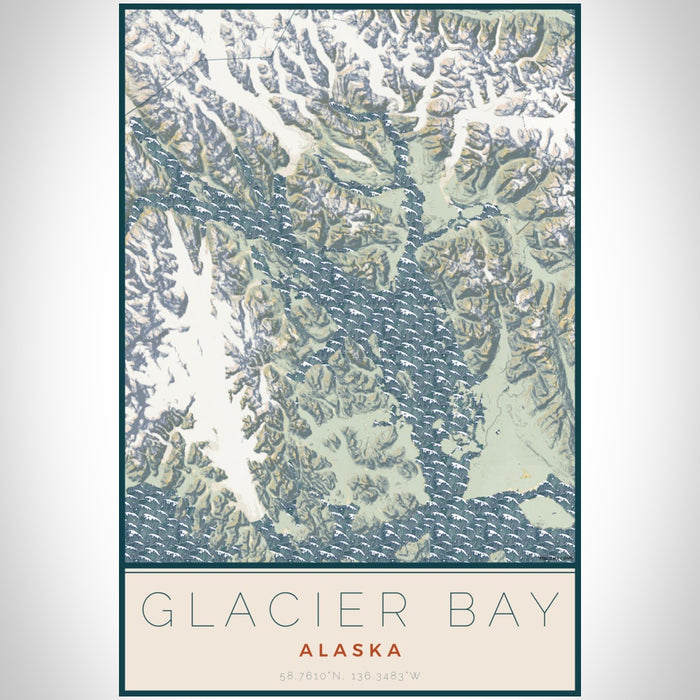 Glacier Bay Alaska Map Print Portrait Orientation in Woodblock Style With Shaded Background