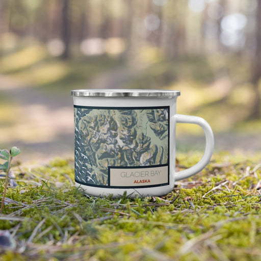 Right View Custom Glacier Bay Alaska Map Enamel Mug in Woodblock on Grass With Trees in Background
